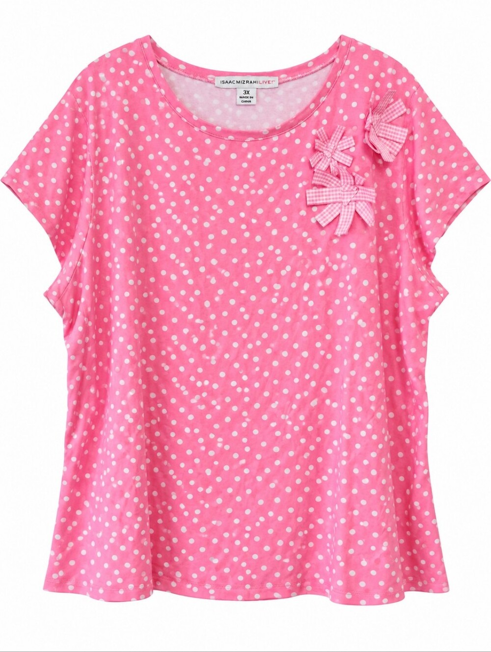 Isaac Mizrahi Live! Women’s 3X Pink Polka Dot Gingham Bow Short Sleeve Top